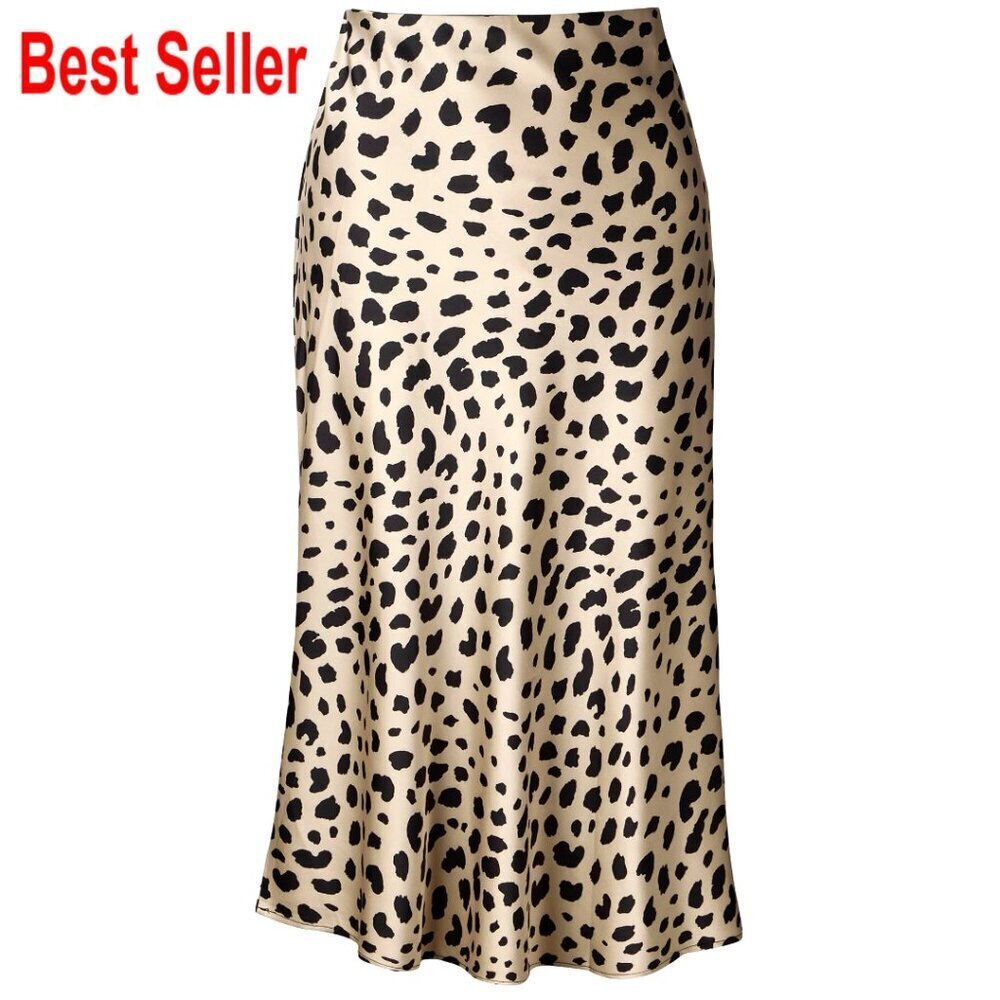 Midi Skirt High Waist Elastic Silk Satin Leopard Print Women's Long Skirt